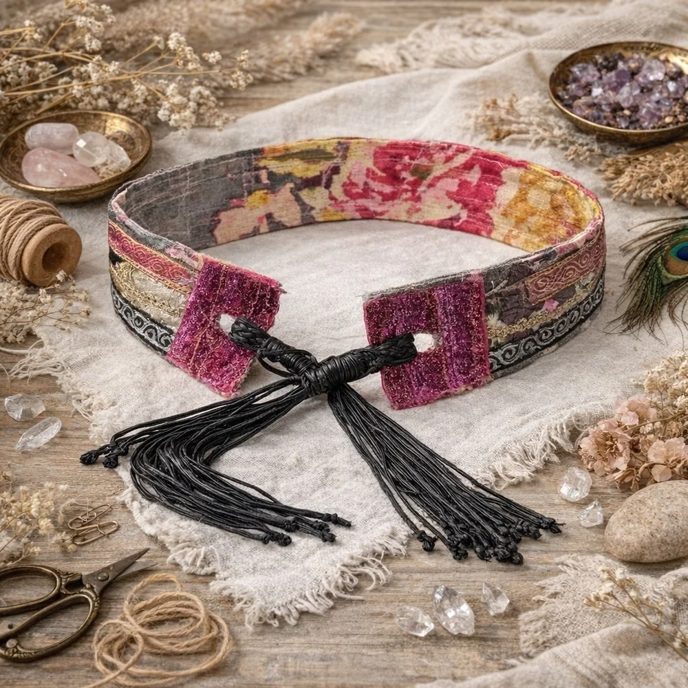 Artisan Floral Tapestry Tie Belt Pink and Black & Gold Accents Handmade Signed